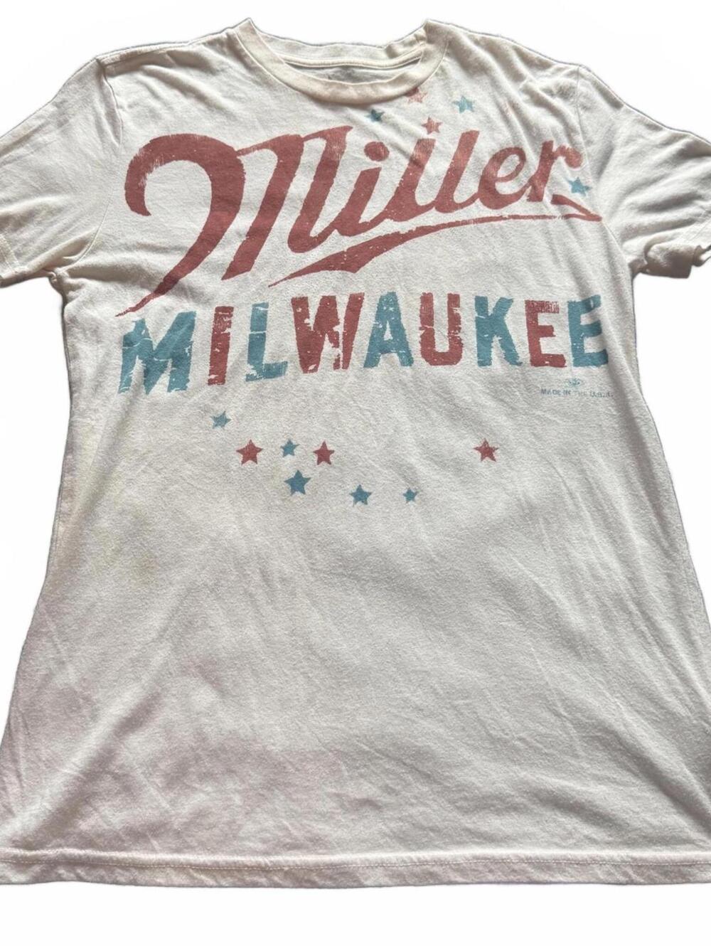 Lancaster Vintage Miller Lite Milwaukee Cream Reverse Print Tee Shirt M
